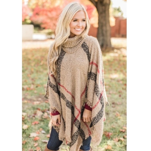 Turtle Neck Wool Khaki Knit Cape Poncho Sweater OS - Picture 2 of 6